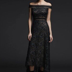 Tadashi Shoji Off-the-Shoulder Black Hi-Lo Lace Gown Size 12